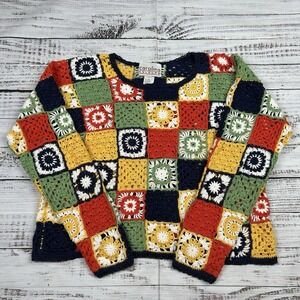 Carolina Colours Sweater Womens L Crochet Patchwork Granny Square Boho Hippie